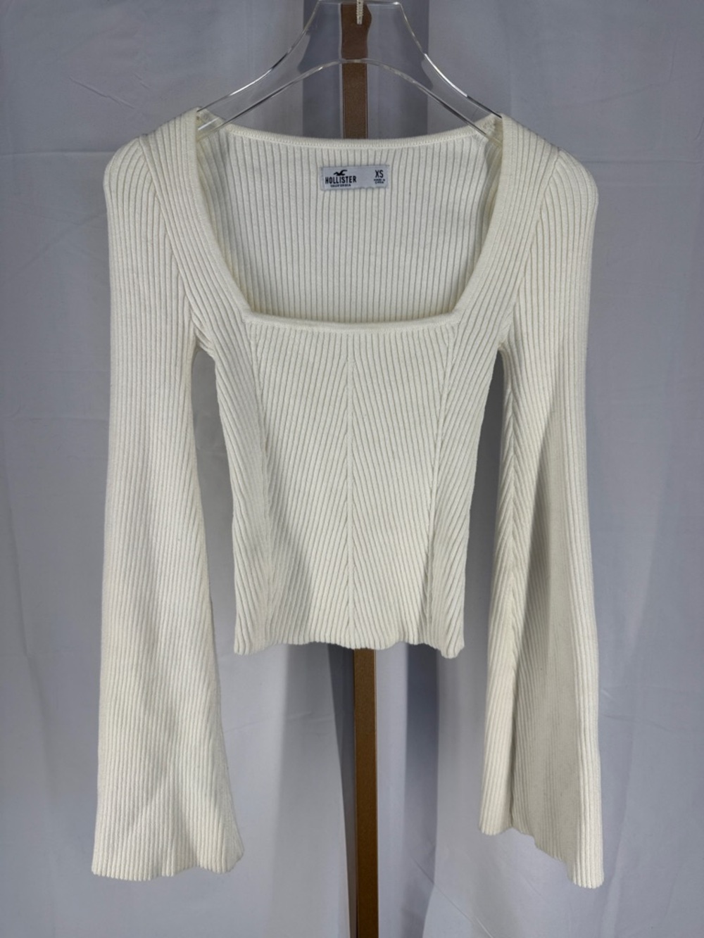 Hollister Square Neck Ribbed Bell Sleeve Babydoll Y2K Knit Top Sweater XS Cream - Picture 5 of 10